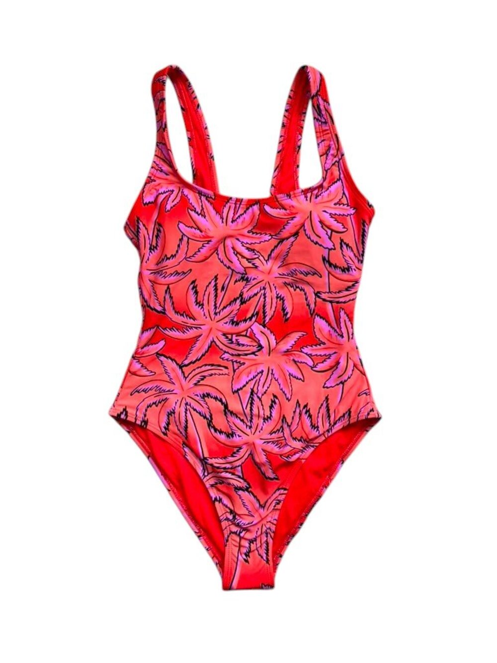 Mynah Women XS One Piece Swimsuit Tropical Palm Print Pink Red NWT.